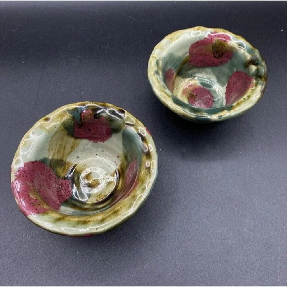 DK Clay 1996 Trinket Dish Salsa Dipping Sauce Bowl Pottery Drip Glaze Lot 2 A